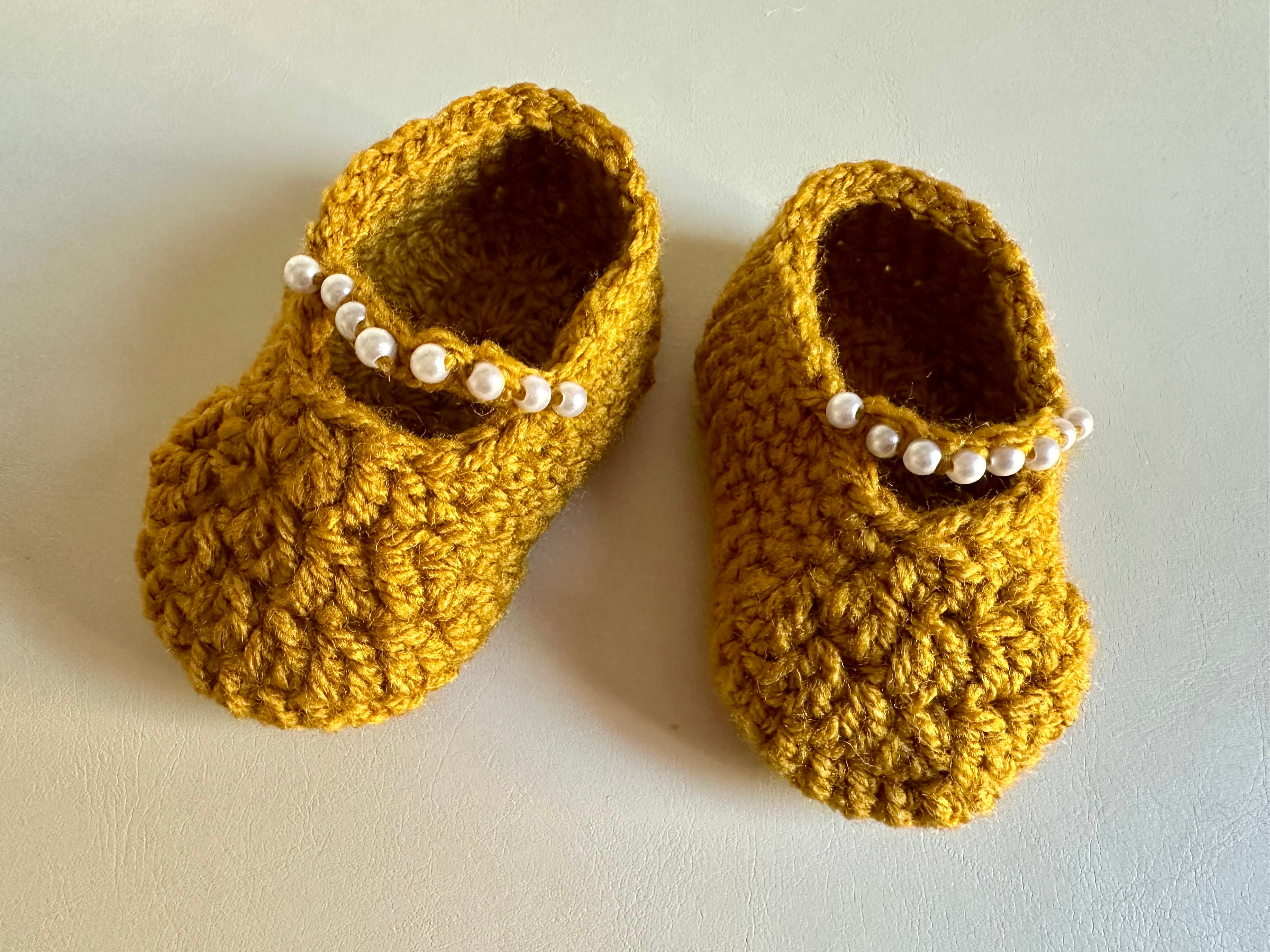 Hand-Crocheted Mustard Mary Jane Baby Shoes with Beads – 100% Superwash Wool, Machine Washable