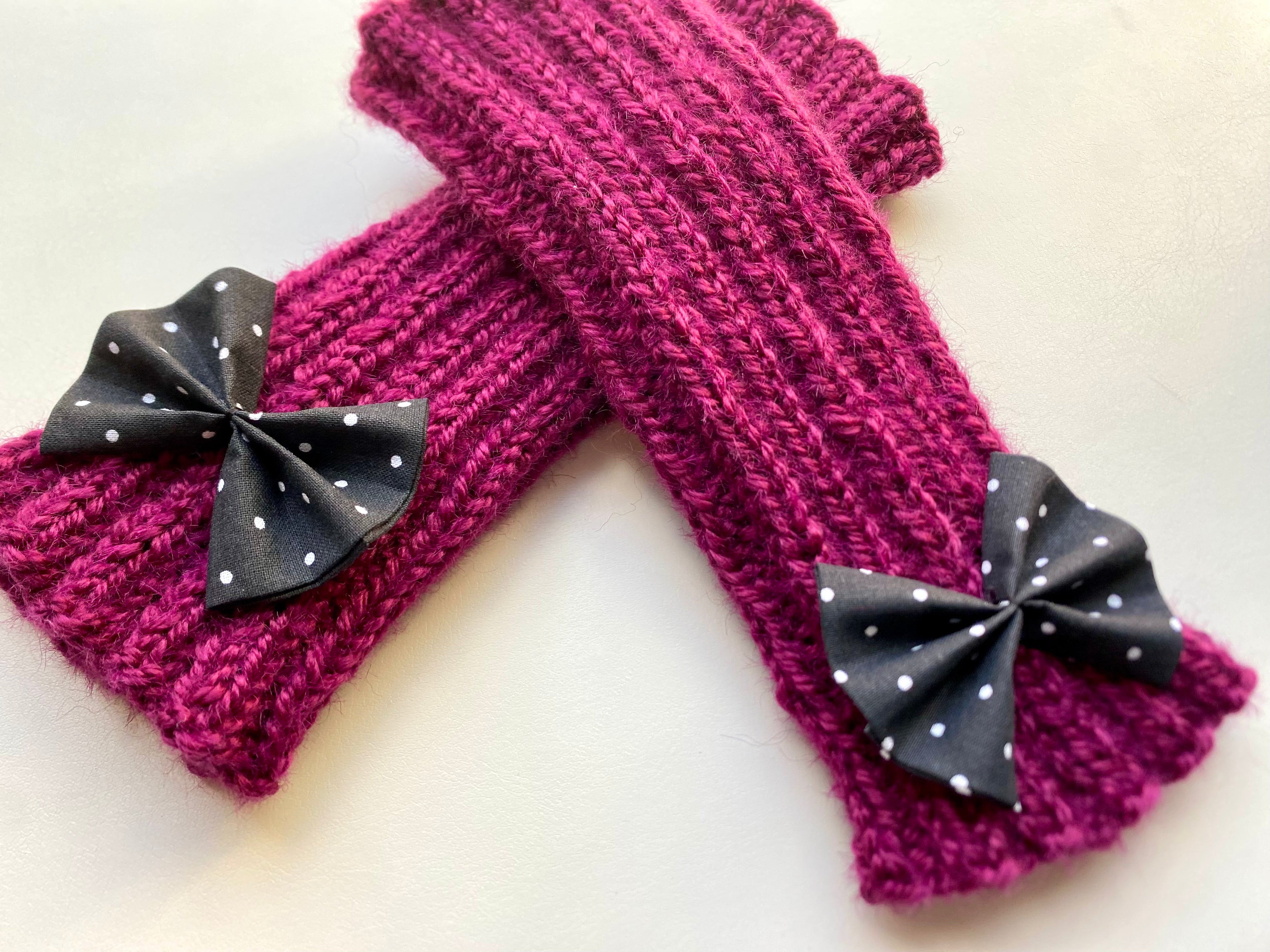 Hand Knit Wrist Warmers with Bow (polka dots)