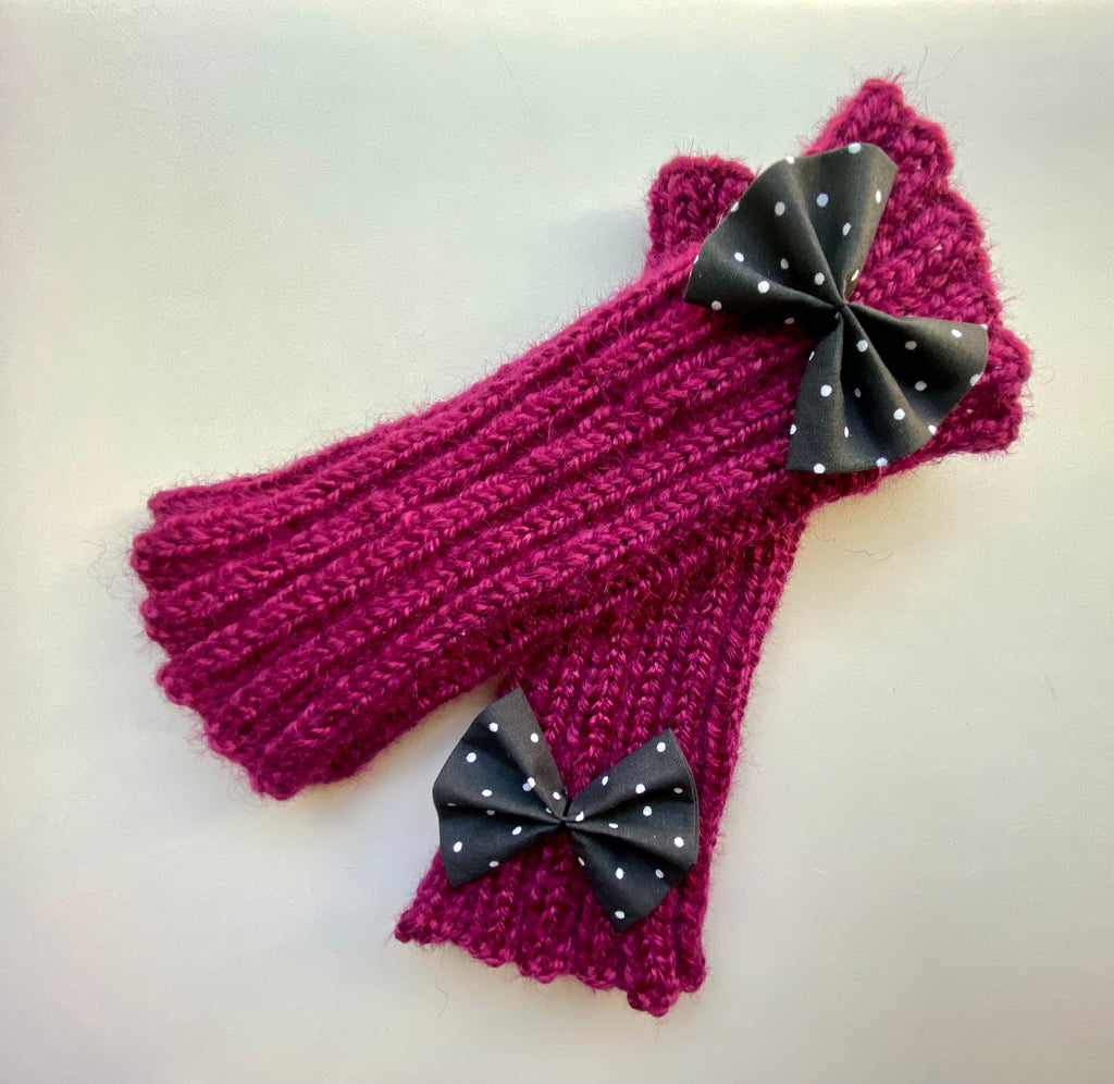 Hand Knit Wrist Warmers with Bow (polka dots)