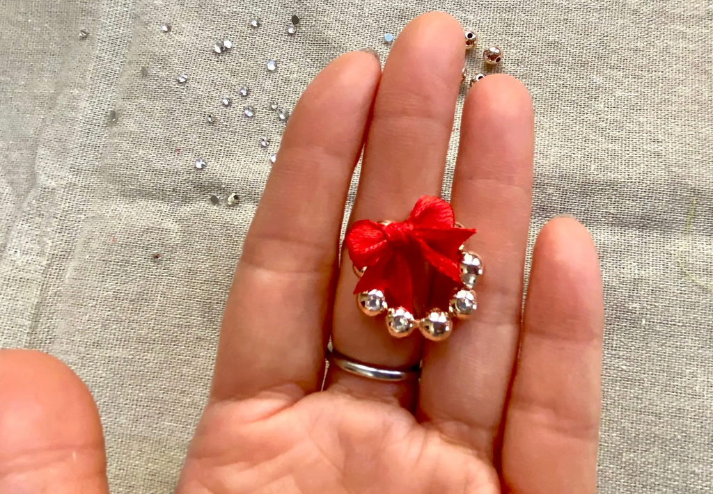 Dollhouse Miniature Jewelry Christmas Wreath | Rose Gold Beads & Crystal Gem | Handmade Dollhouse Holiday Decoration