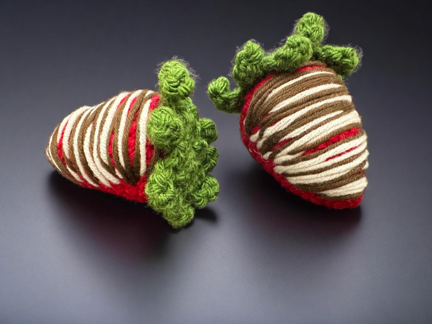 Hand-crocheted strawberry with a chocolate design, perfect for making a keychain, bag charm, or decorative accessory